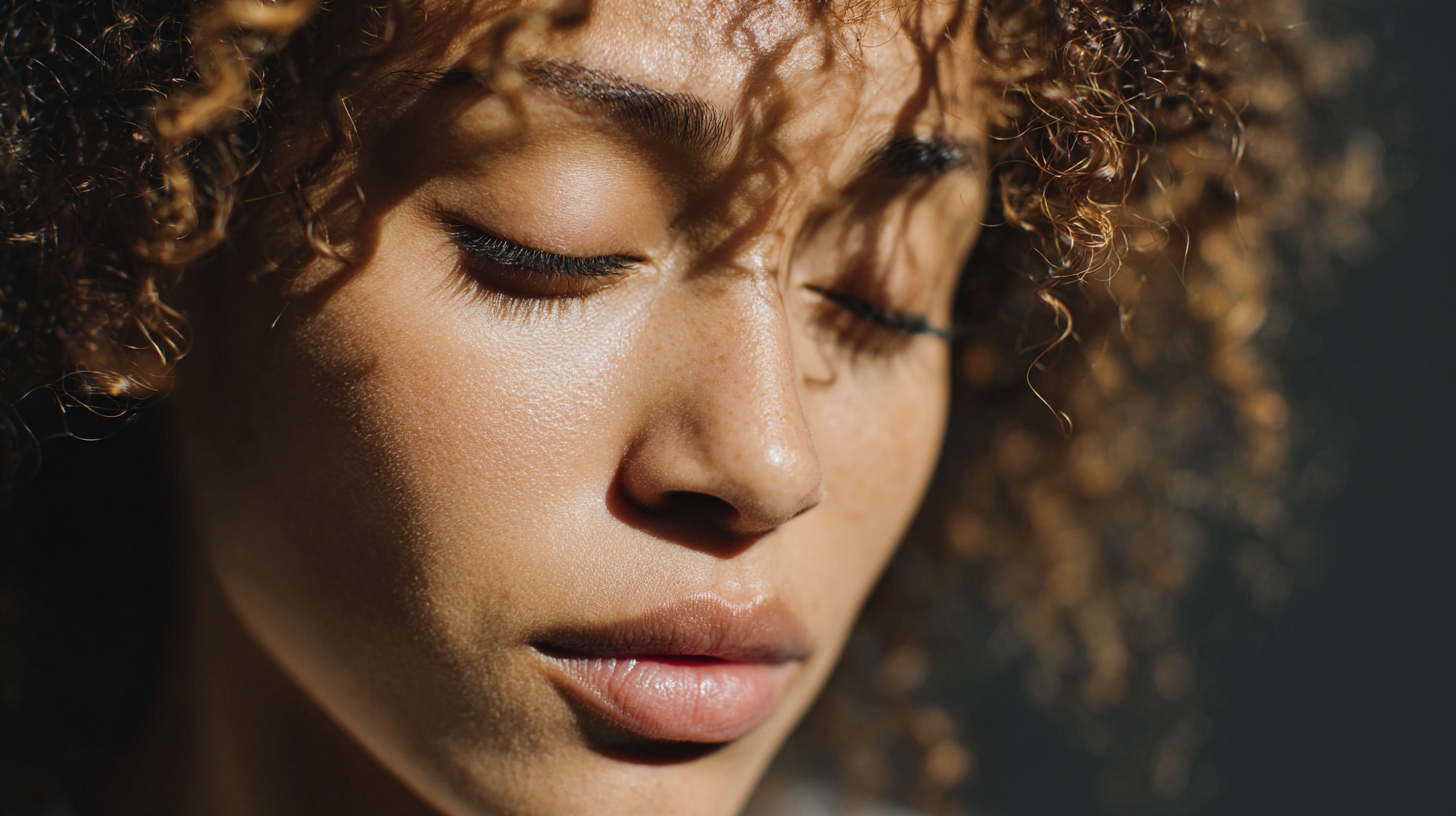 Foto de una mujer tranquila con los ojos cerrados y una expresión serena