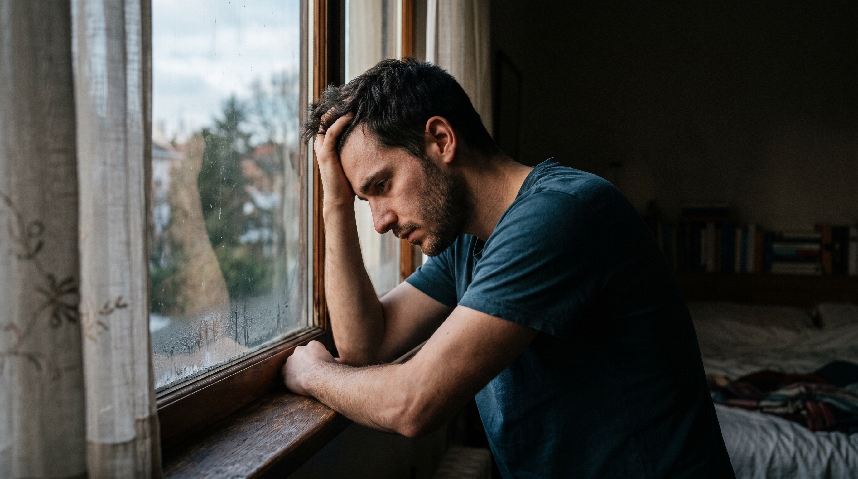 Hombre apoyado en una ventana con expresión triste, sujetando la cabeza, mostrando dependencia emocional