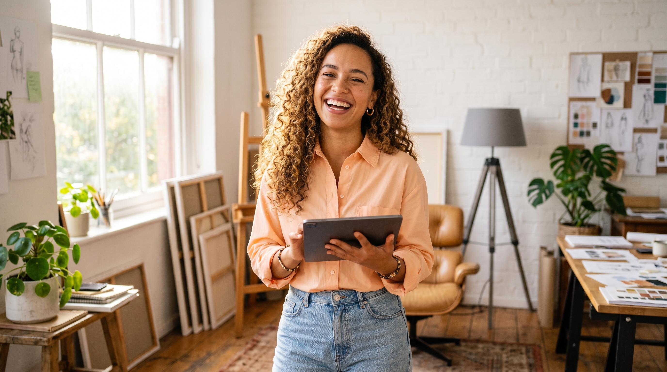 Una joven sonriente sostiene una tableta en una luminosa consulta de terapia, rodeada de plantas, cuadros y materiales de diseño