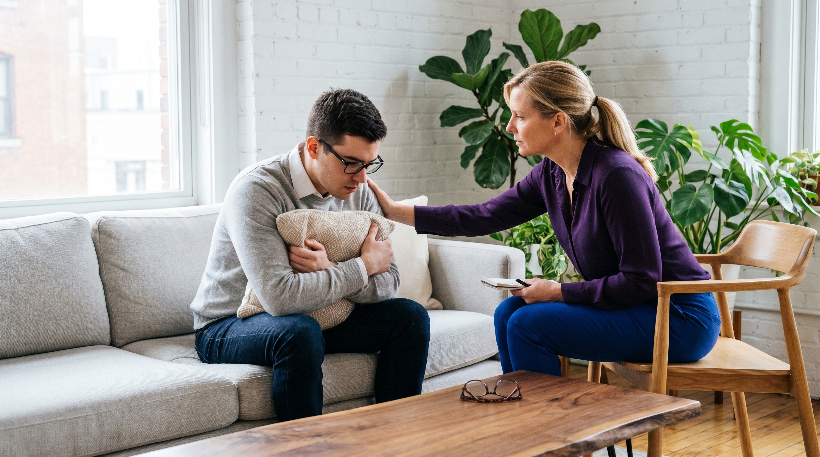 Sesión de terapia en el Alcázar de San Juan. Plantas de interior y decoración moderna al fondo.