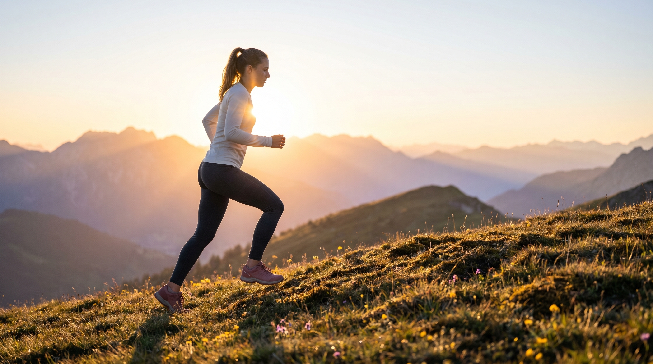 Mujer joven corriendo en una montaña al amanecer, con paisaje montañoso de fondo y luz cálida del sol