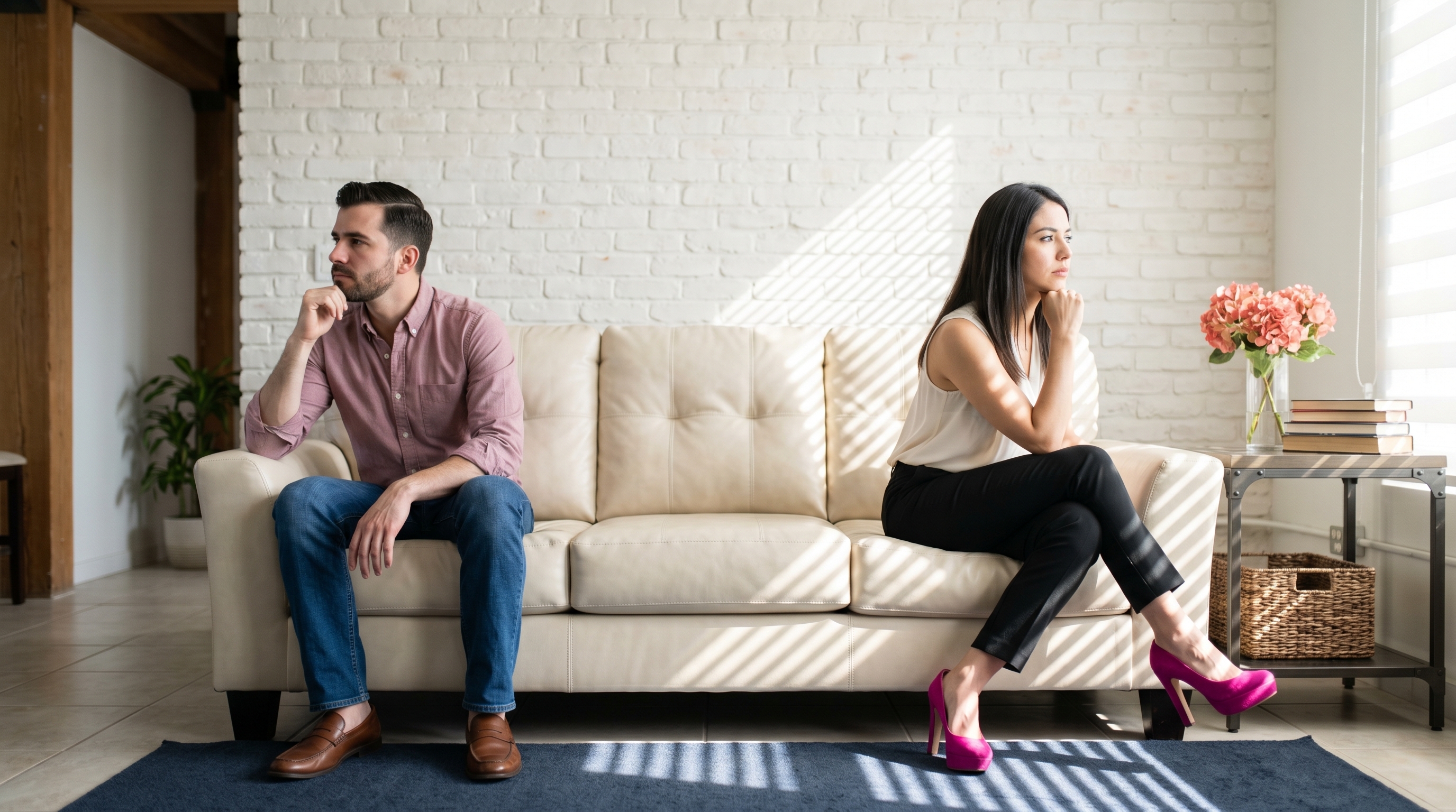 Una pareja sentada en un sofá, de espaldas y mirando en direcciones opuestas, muestra problemas de comunicación