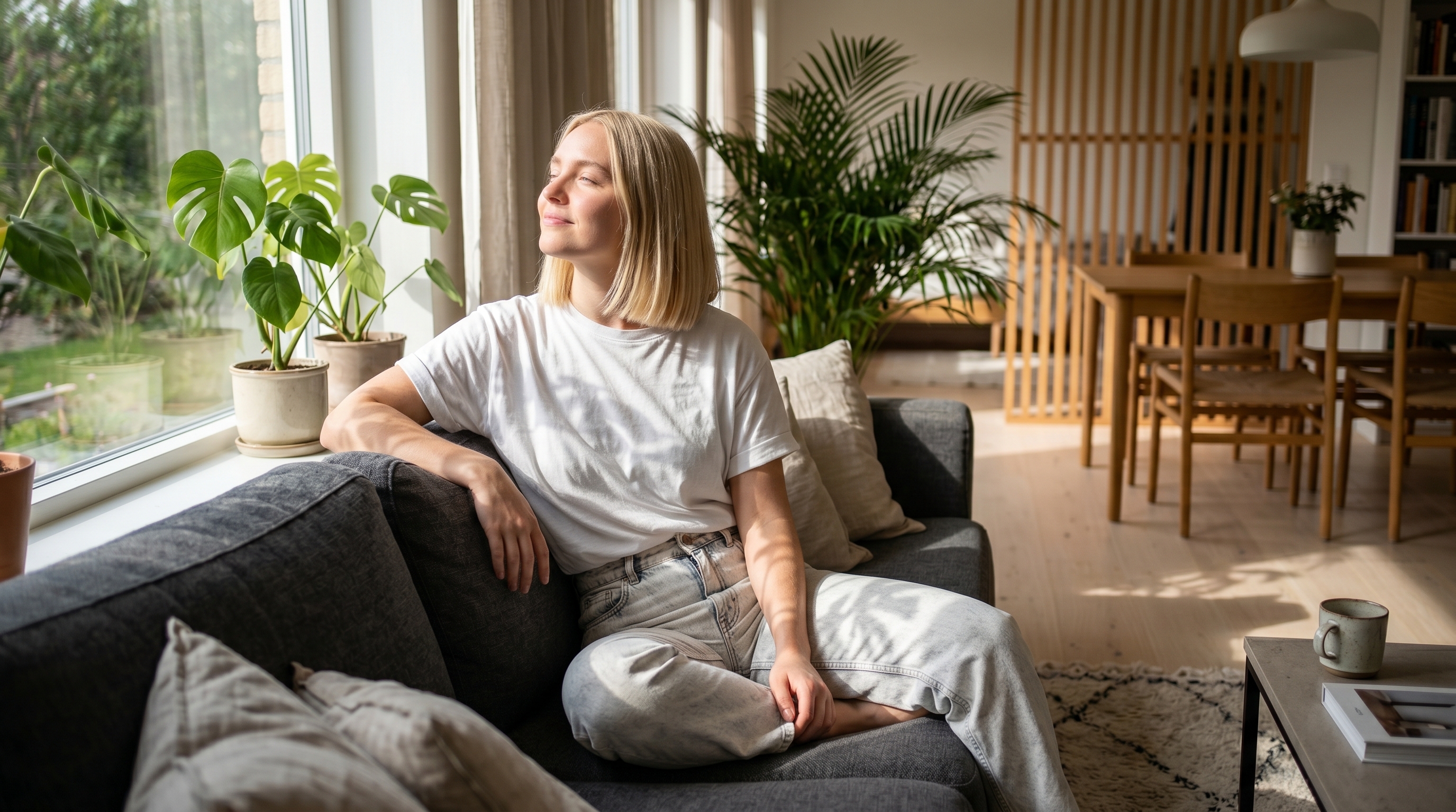 Mujer sentada junto a una ventana, respirando profundamente y disfrutando de la luz natural en un ambiente tranquilo para controlar el estrés