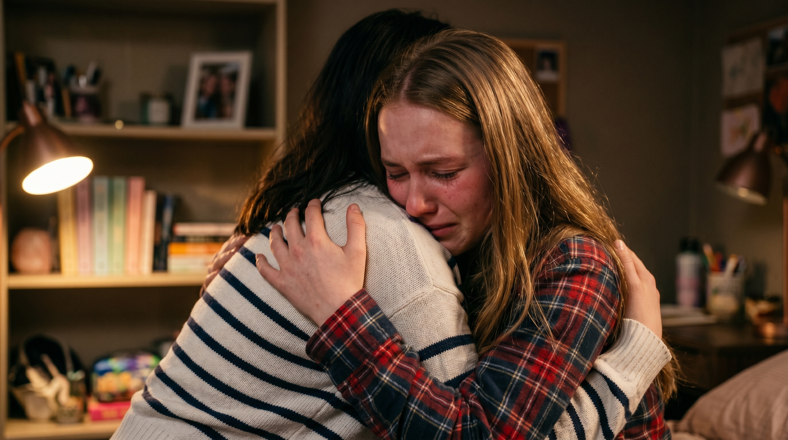 Dos mujeres lloran. Una de ellas llora mientras recibe consuelo