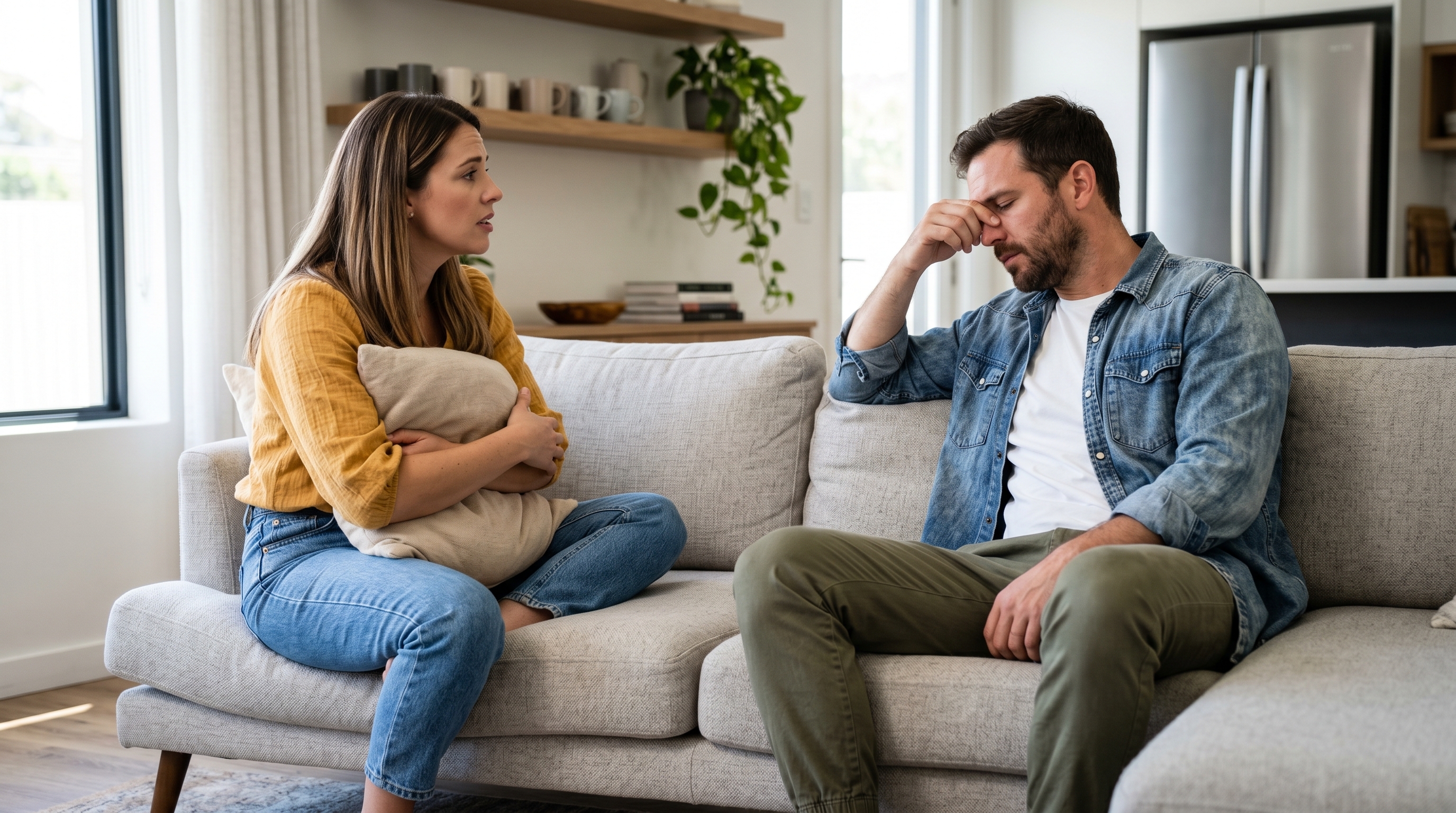 Couple sitting on a sofa at home, with a tense expression