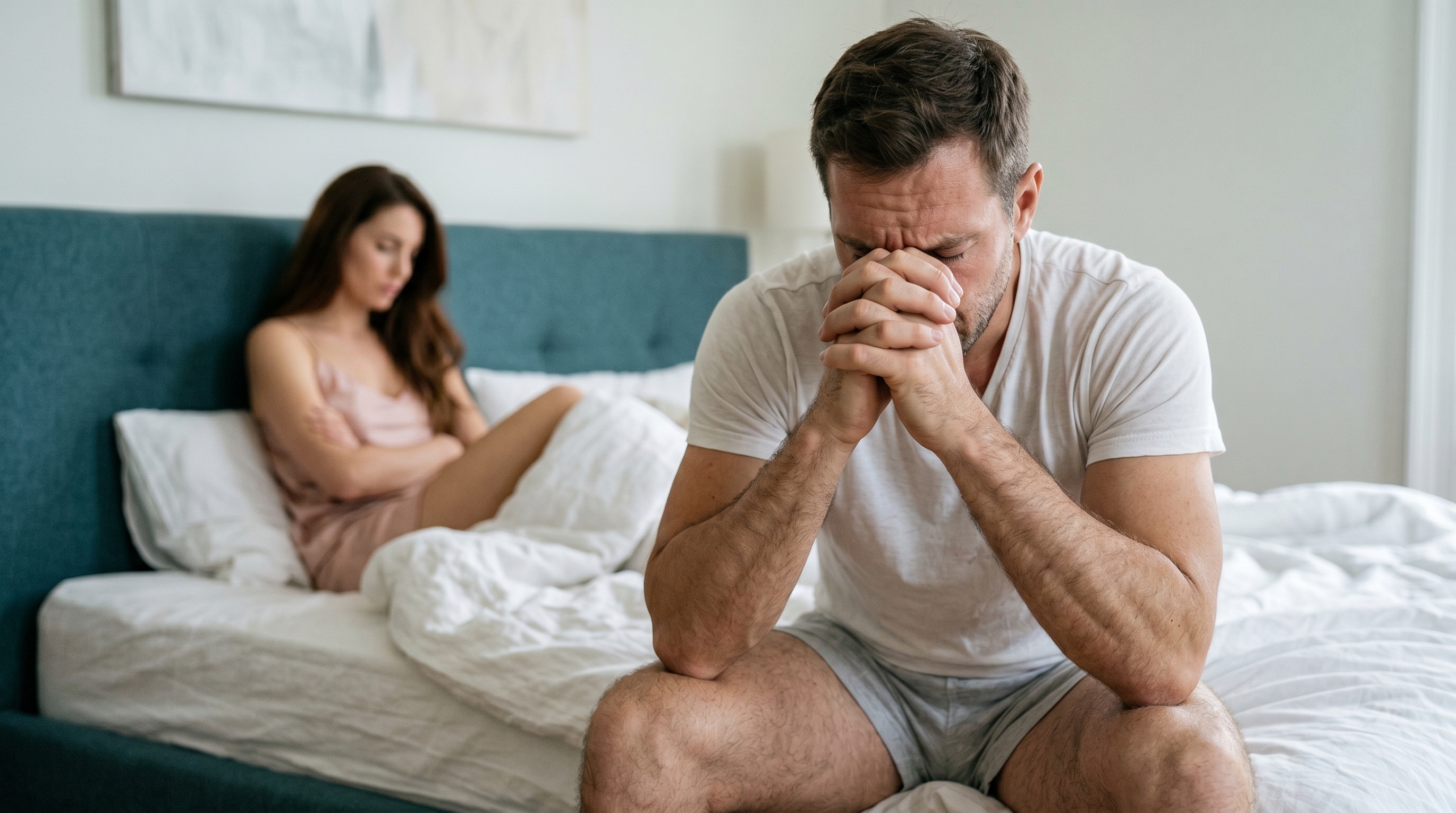 Un hombre está sentado en la cama con expresión angustiada mientras una mujer está sentada al fondo. Tienen problemas sexuales