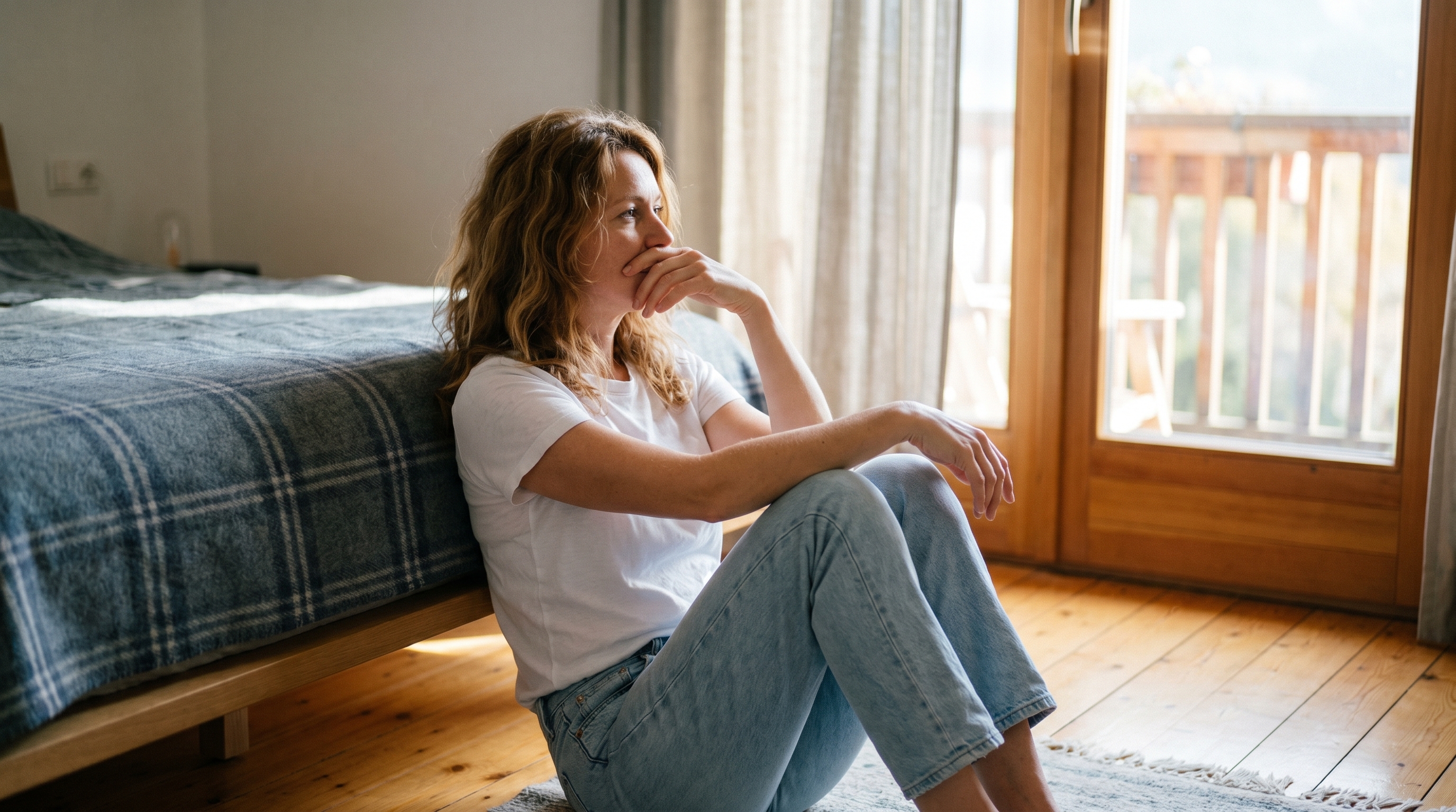 Una joven con ansiedad está sentada en el suelo junto a la cama, con expresión pensativa y la mano en la cara