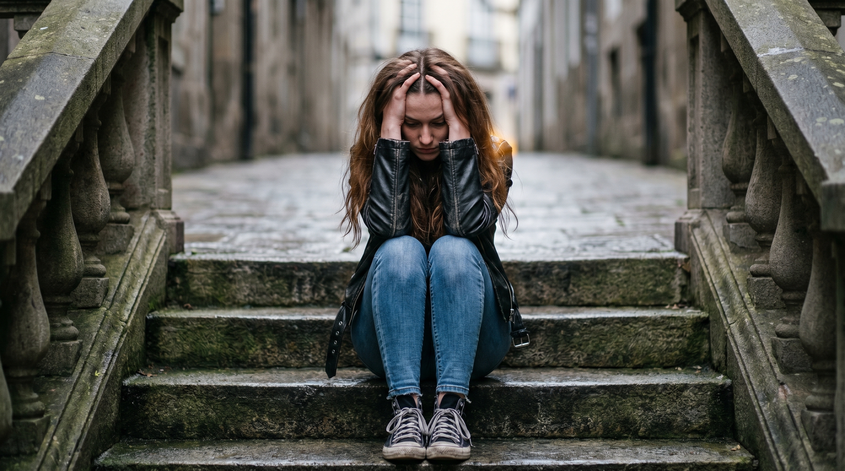Mujer con depresión sentada en unos escalones de piedra en la calle, con la cabeza entre las manos y un gesto de tristeza