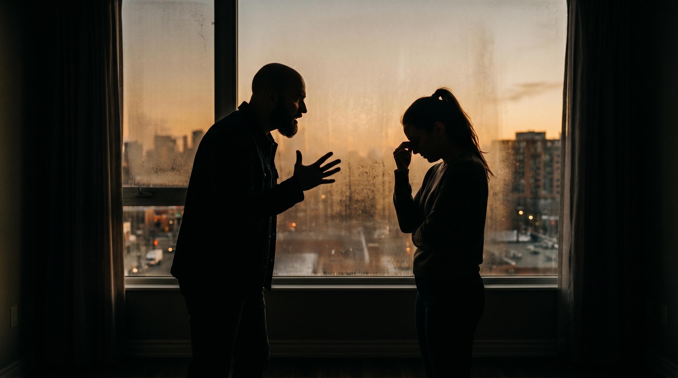 Siluetas de una pareja discutiendo frente a una ventana; el hombre gesticula con enojo mientras la mujer parece angustiada